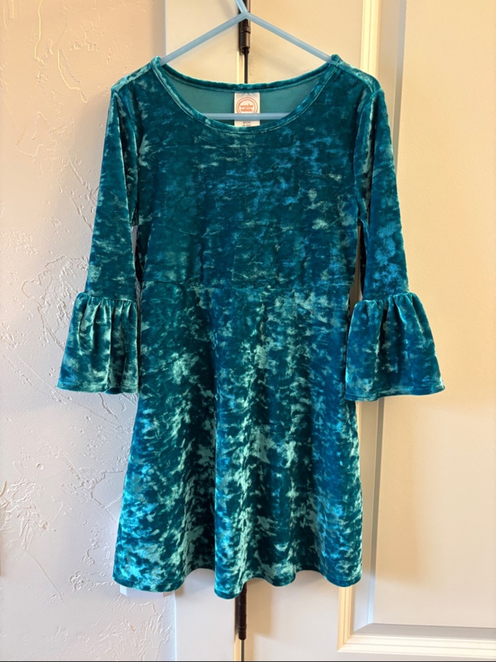 wonder nation Teal Crushed Velvet Bell-Sleeve Dress